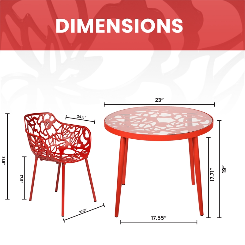 LeisureMod Devon Aluminum 3-Piece Dining Set with Table and 2 Armchairs Red
