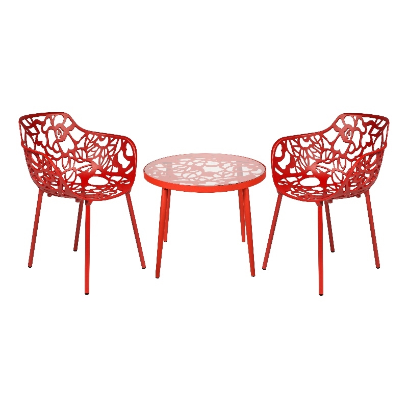 LeisureMod Devon Aluminum 3-Piece Dining Set with Table and 2 Armchairs Red