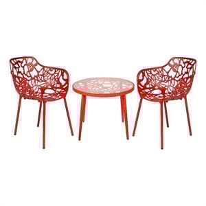 LeisureMod Devon Aluminum 3-Piece Dining Set with Table and 2 Armchairs Red