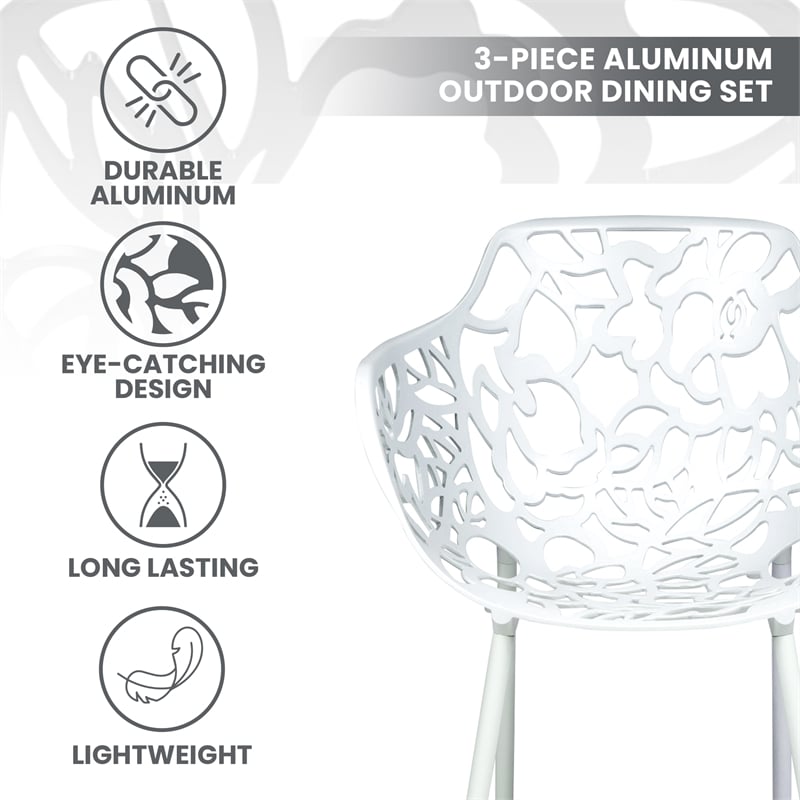 LeisureMod Devon Aluminum 3-Piece Dining Set with Table and 2 Armchairs White