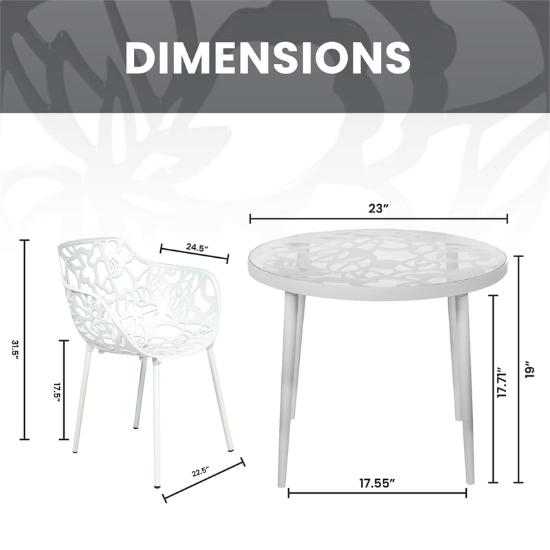 LeisureMod Devon Aluminum 3-Piece Dining Set with Table and 2 Armchairs White