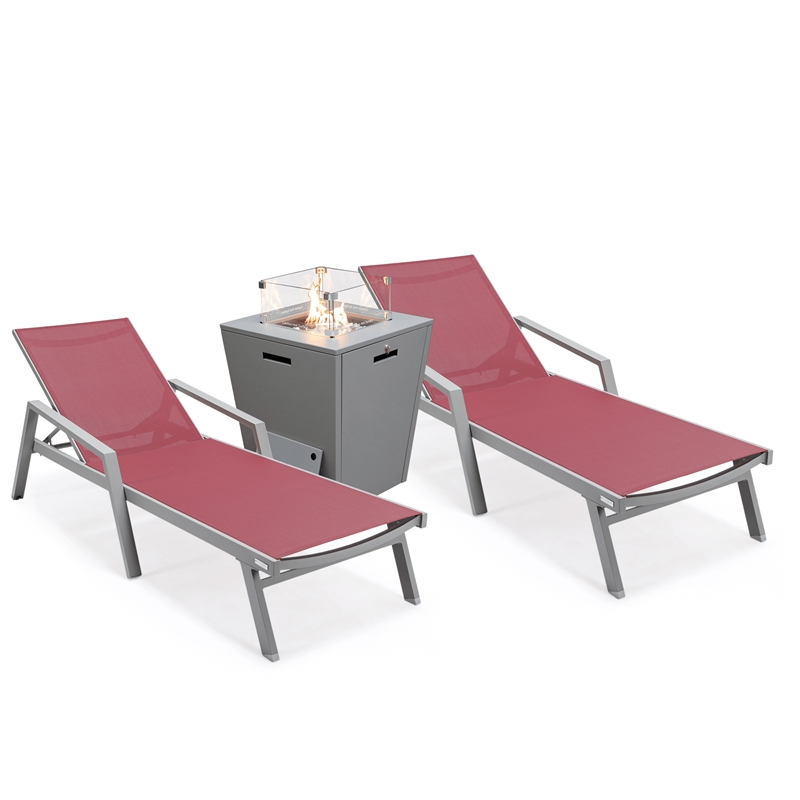 LeisureMod Marlin 2 Gray Aluminum Lounge Armchair and Fire Pit Red
