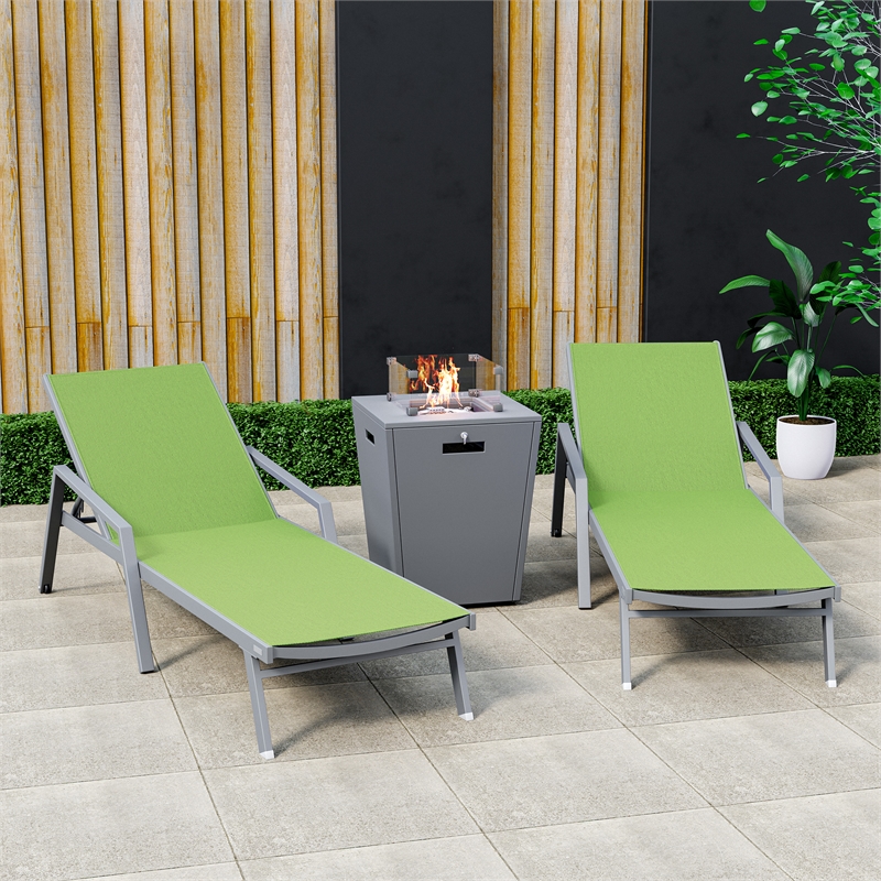 LeisureMod Marlin 2 Gray Aluminum Lounge Armchair and Fire Pit Green
