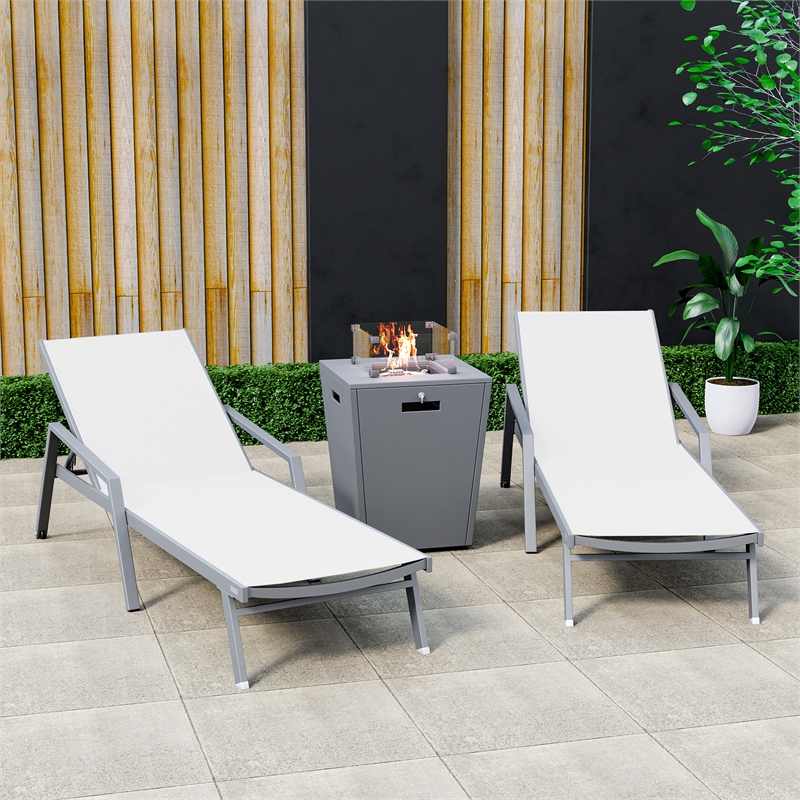 LeisureMod Marlin 2 Gray Aluminum Lounge Armchair and Fire Pit White