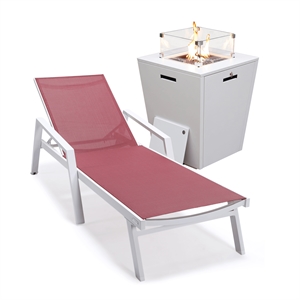 LeisureMod Marlin White Aluminum Lounge Armchair and Fire Pit Red