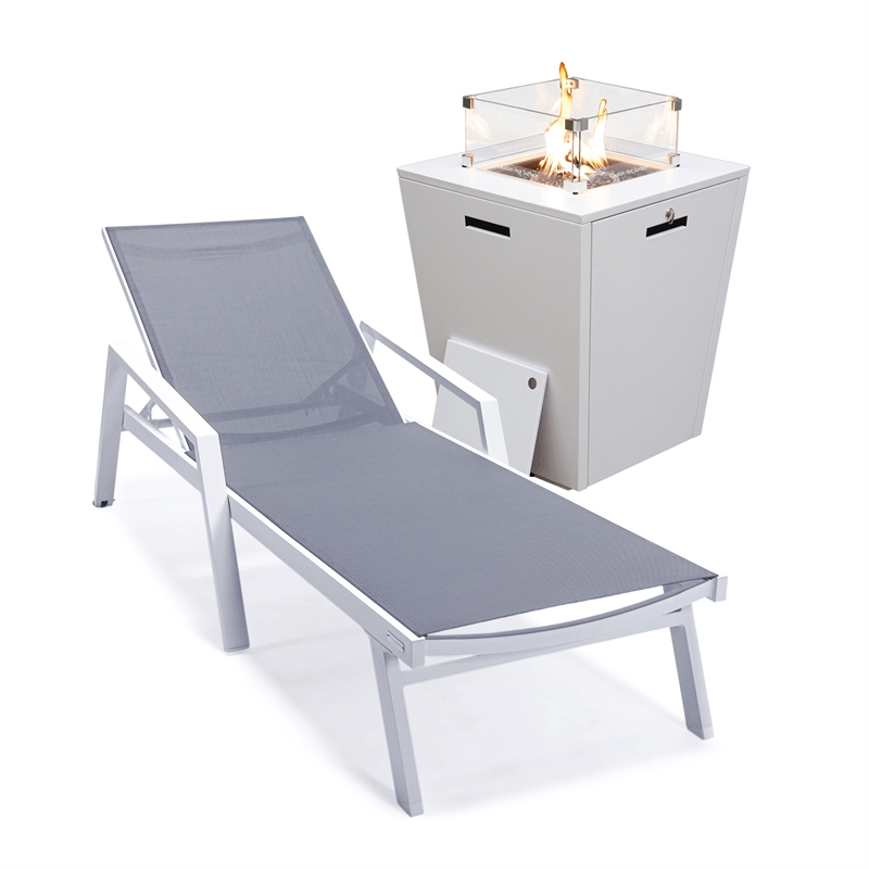 LeisureMod Marlin White Aluminum Lounge Armchair and Fire Pit Dark Gray