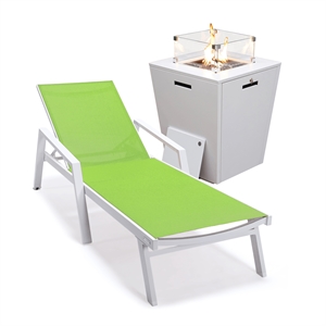 LeisureMod Marlin White Aluminum Lounge Armchair and Fire Pit Green