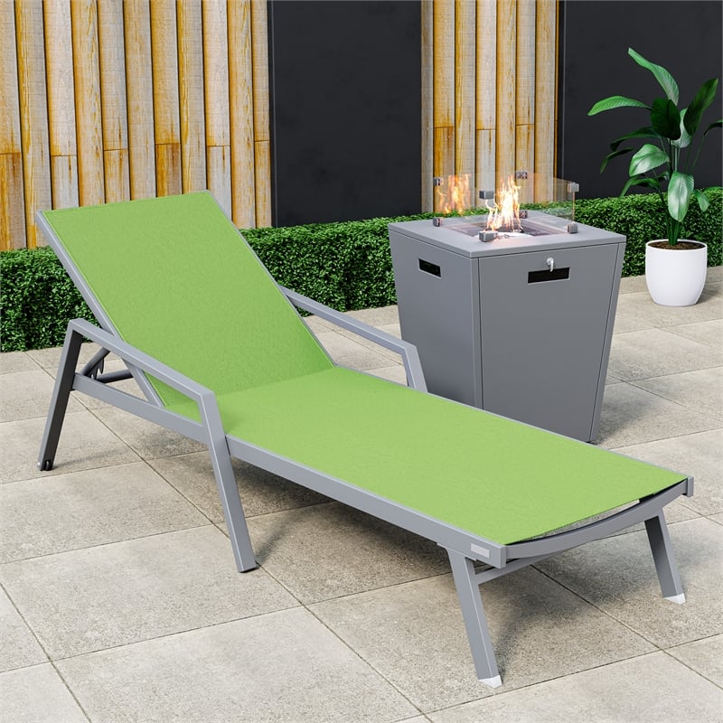 LeisureMod Marlin Gray Aluminum Lounge Armchair and Fire Pit Green