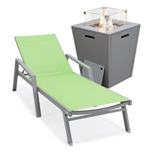 LeisureMod Marlin Gray Aluminum Lounge Armchair and Fire Pit Green