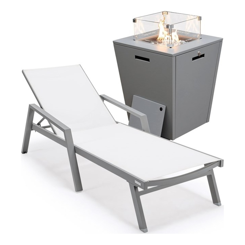 LeisureMod Marlin Gray Aluminum Lounge Armchair and Fire Pit White