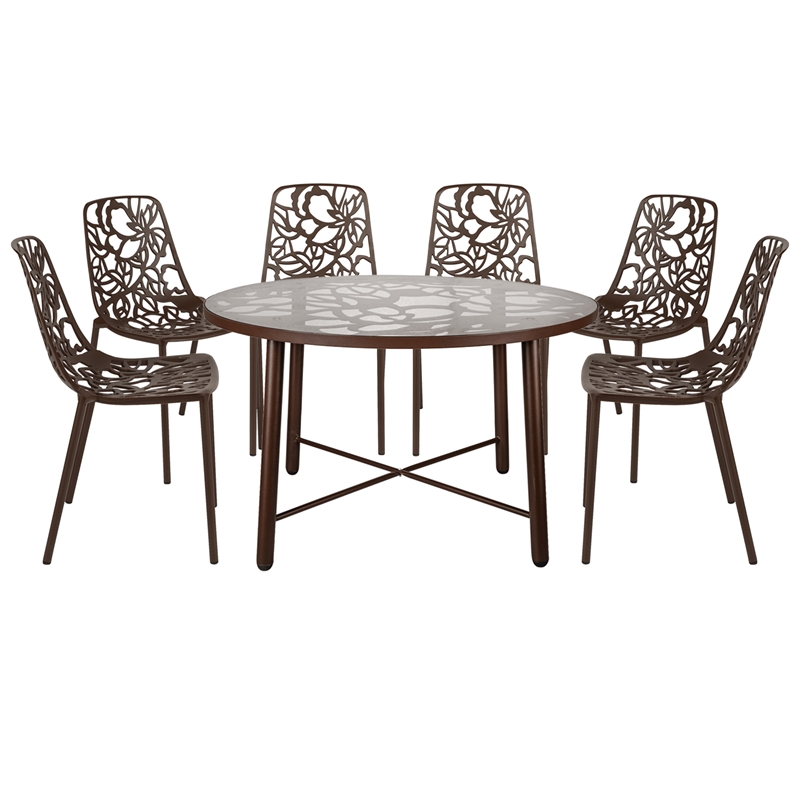 LeisureMod Devon 7-Piece Aluminum Dining Set with Table and 6 Chairs Brown