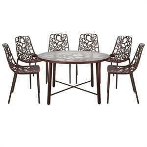 LeisureMod Devon 7-Piece Aluminum Dining Set with Table and 6 Chairs Brown