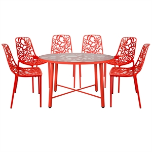 LeisureMod Devon 7-Piece Aluminum Dining Set with Table and 6 Chairs Red