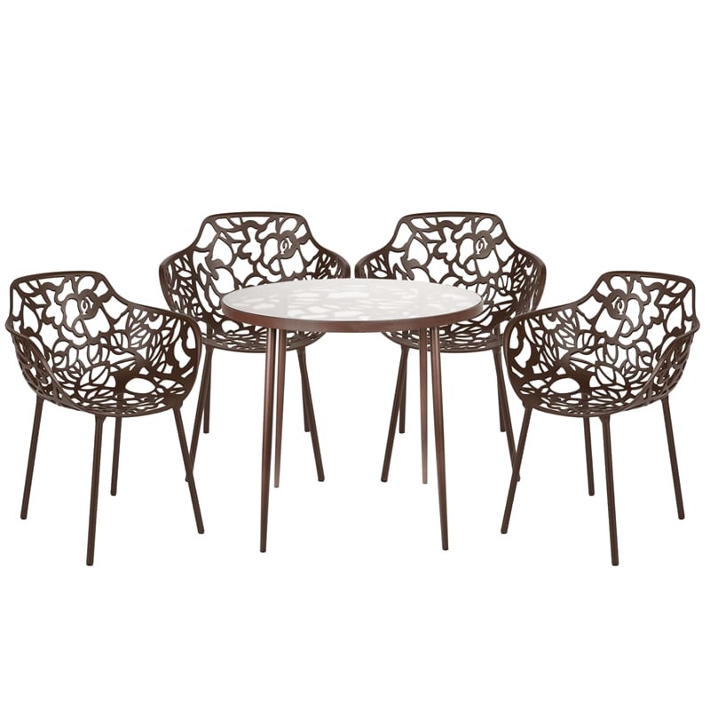 LeisureMod Devon 5-Piece Aluminum Dining Set with Table and 4 Armchairs Brown