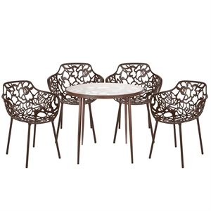 LeisureMod Devon 5-Piece Aluminum Dining Set with Table and 4 Armchairs Brown