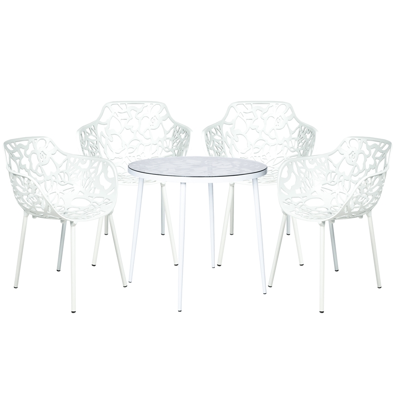 LeisureMod Devon 5-Piece Aluminum Dining Set with Table and 4 Armchairs White