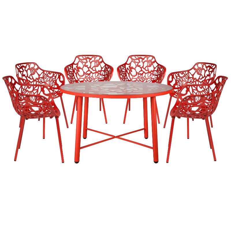 Leisuremod Devon 7-Piece Aluminum Dining Set with Table and 6 Armchairs Red