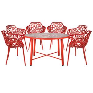 Leisuremod Devon 7-Piece Aluminum Dining Set with Table and 6 Armchairs Red