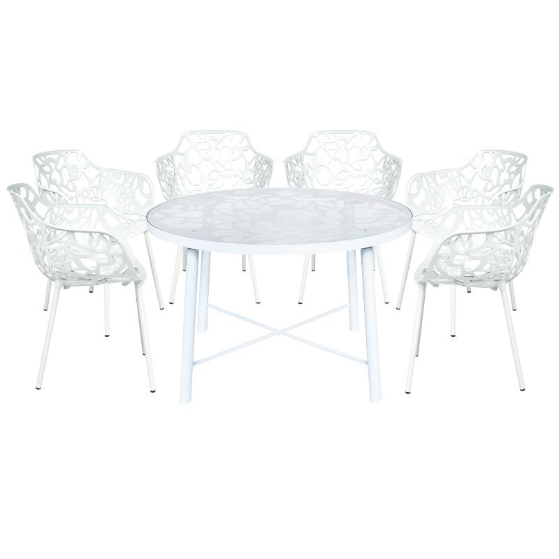 Leisuremod Devon 7-Piece Aluminum Dining Set with Table and 6 Armchairs White