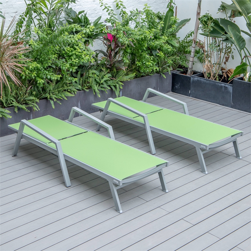 LeisureMod Marlin Outdoor Aluminum Chaise Lounges in Gray/Green (Set of 2)