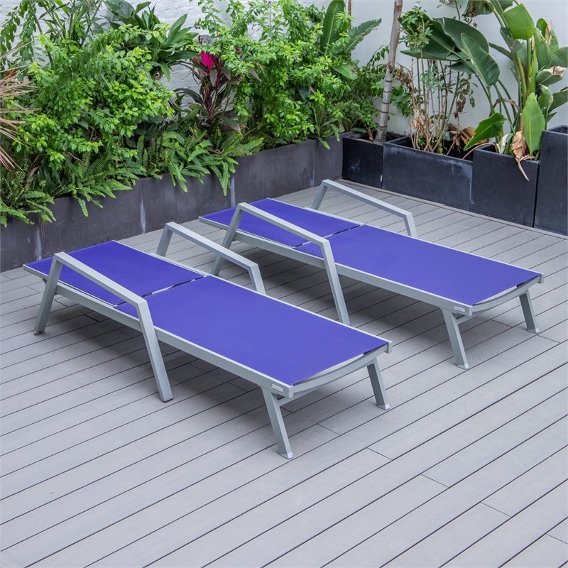 LeisureMod Marlin Outdoor Aluminum Chaise Lounges in Gray/Navy Blue (Set of 2)