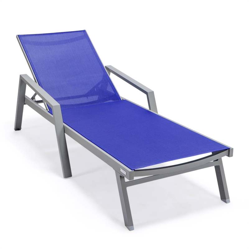 LeisureMod Marlin Outdoor Aluminum Chaise Lounges in Gray/Navy Blue (Set of 2)