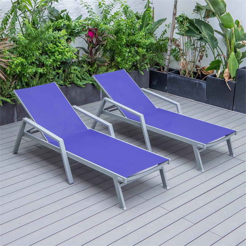 LeisureMod Marlin Outdoor Aluminum Chaise Lounges in Gray/Navy Blue (Set of 2)