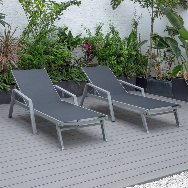 LeisureMod Marlin Outdoor Aluminum Chaises Lounge in Gray/Black (Set of 2)