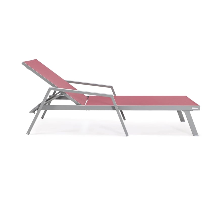 LeisureMod Marlin Outdoor Aluminum Chaise Lounges in Gray/Burgundy (Set of 2)
