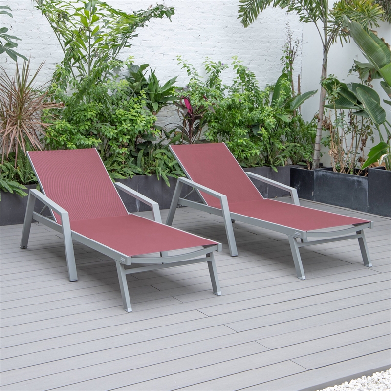 LeisureMod Marlin Outdoor Aluminum Chaise Lounges in Gray/Burgundy (Set of 2)