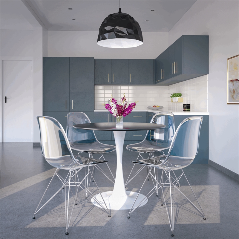 LeisureMod Bristol Modern Dining Table with Wood Top and Iron Base Black White