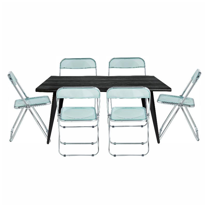 LeisureMod Lawrence 7-Piece Dining Set with Table and Acrylic Chairs Jade Green