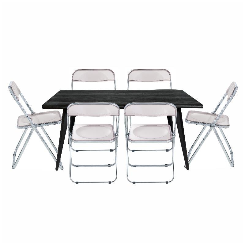 LeisureMod Lawrence 7-Piece Dining Set with Table and Acrylic Chairs Rose Pink