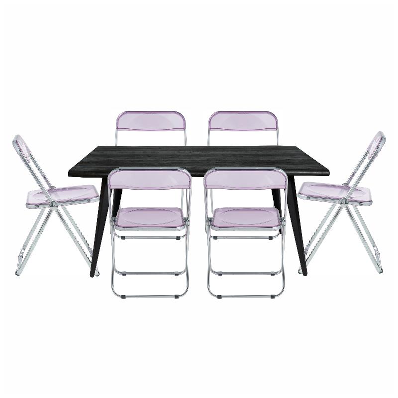 LeisureMod Lawrence 7-Piece Dining Set with Table and Acrylic Chairs Magenta
