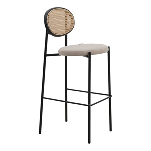 LeisureMod Euston Wicker Bar Stool with Black Metal Frame and Footrest Beige