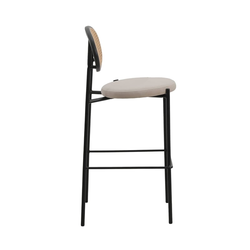 LeisureMod Euston Wicker Bar Stool with Black Metal Frame and Footrest Beige