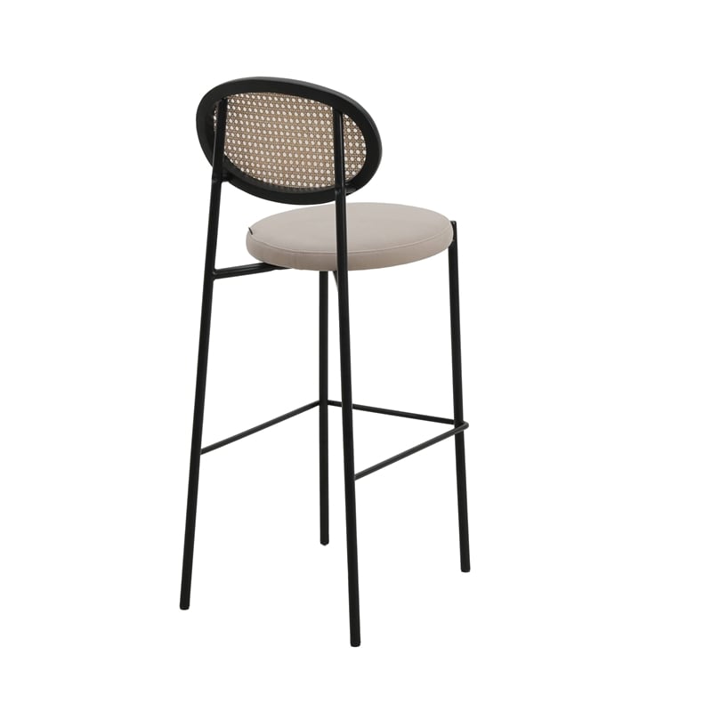 LeisureMod Euston Wicker Bar Stool with Black Metal Frame and Footrest Beige