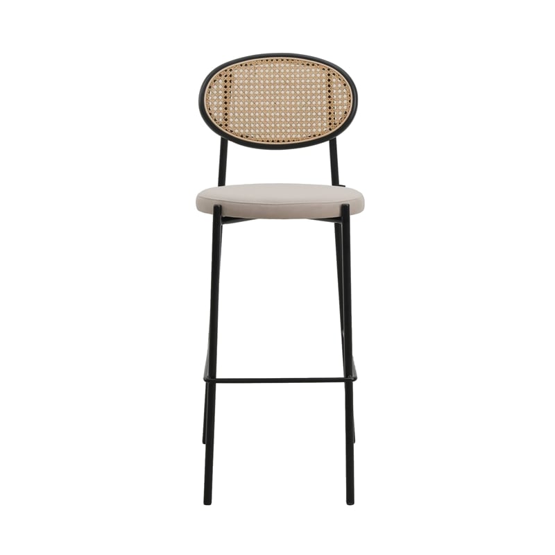 LeisureMod Euston Wicker Bar Stool with Black Metal Frame and Footrest Beige