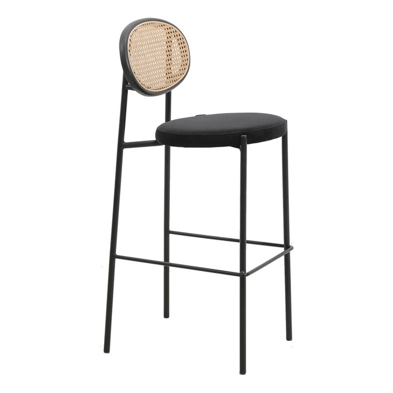 LeisureMod Euston Wicker Bar Stool with Black Metal Frame and Footrest Black