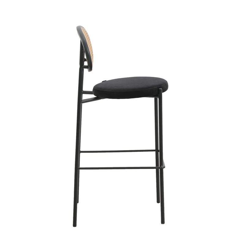 LeisureMod Euston Wicker Bar Stool with Black Metal Frame and Footrest Black