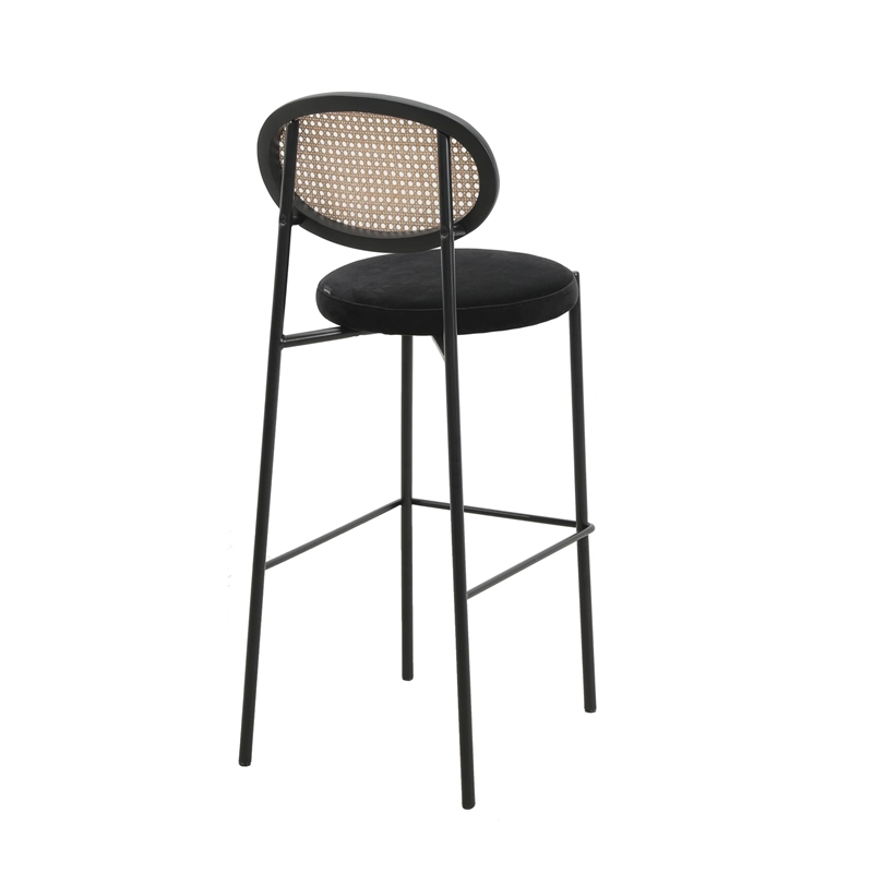 LeisureMod Euston Wicker Bar Stool with Black Metal Frame and Footrest Black