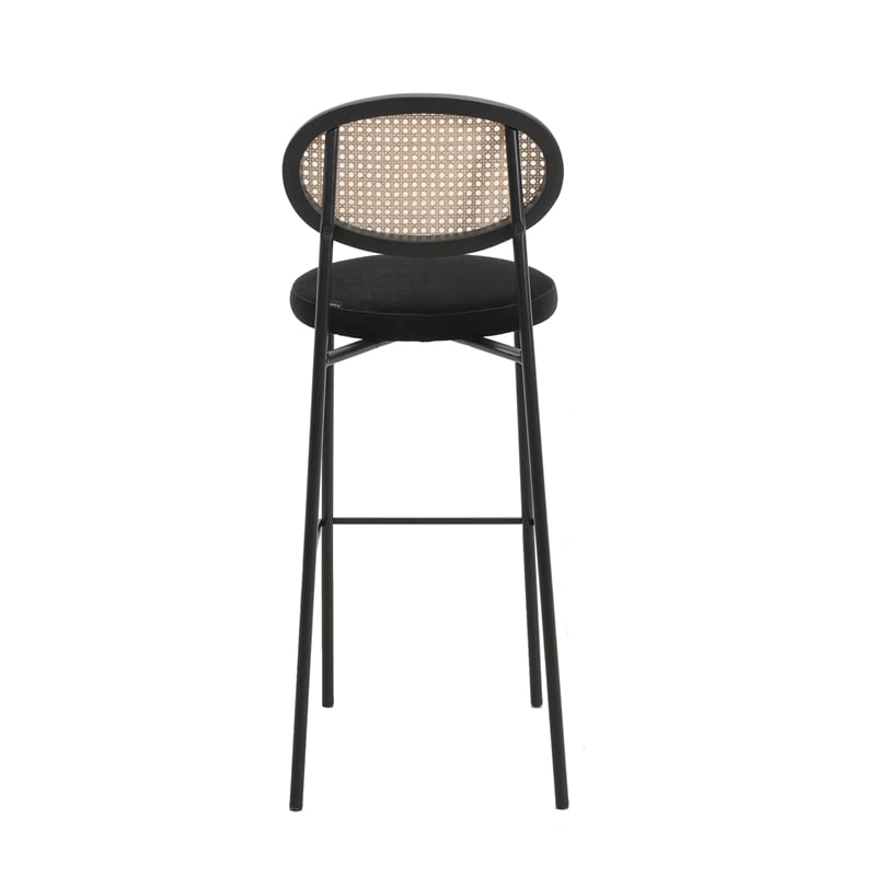 LeisureMod Euston Wicker Bar Stool with Black Metal Frame and Footrest Black