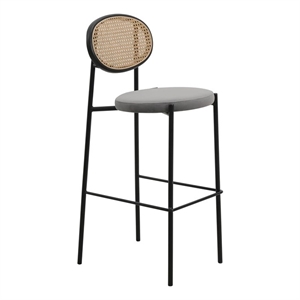 LeisureMod Euston Wicker Bar Stool with Black Metal Frame and Footrest Gray