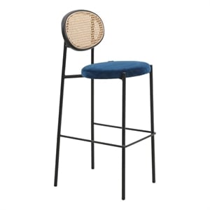 LeisureMod Euston Wicker Bar Stool with Black Metal Frame and Footrest Navy Blue