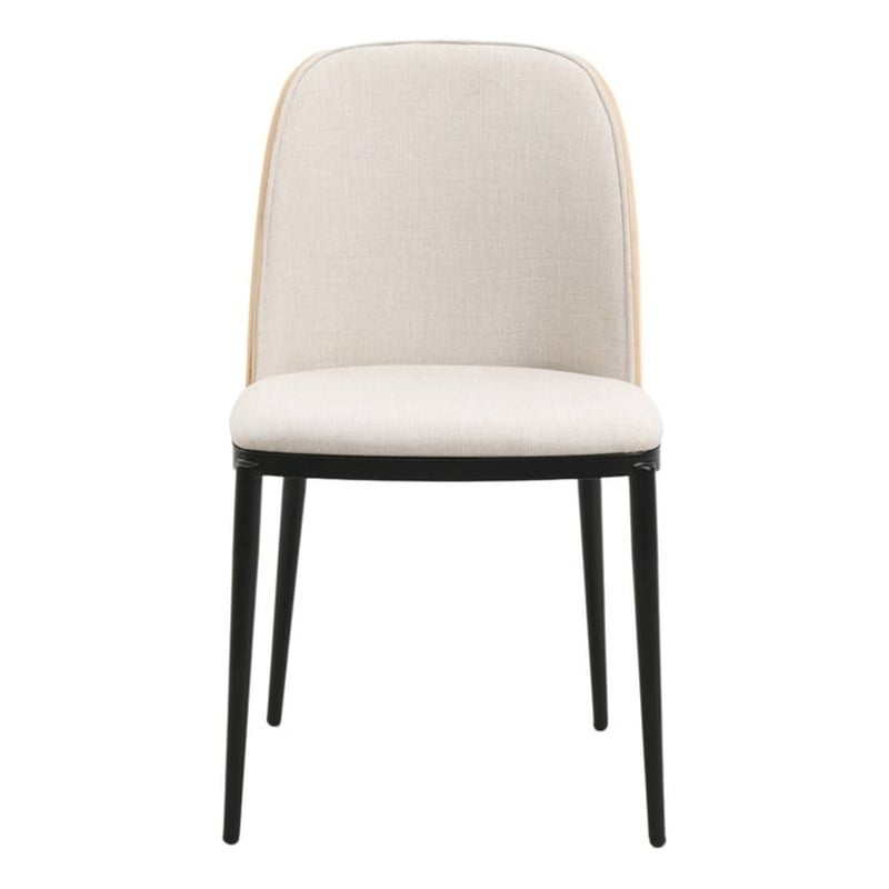 LeisureMod Tule Dining Chair with Velvet Seat Natural Wood/Beige