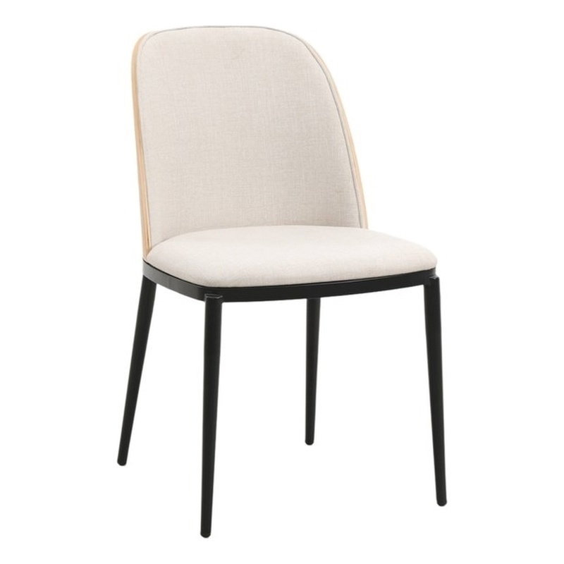 LeisureMod Tule Dining Chair with Velvet Seat Natural Wood/Beige