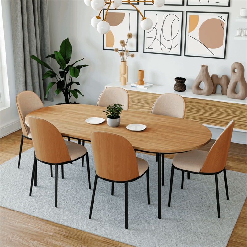 LeisureMod Tule Dining Chair with Velvet Seat Natural Wood/Brown