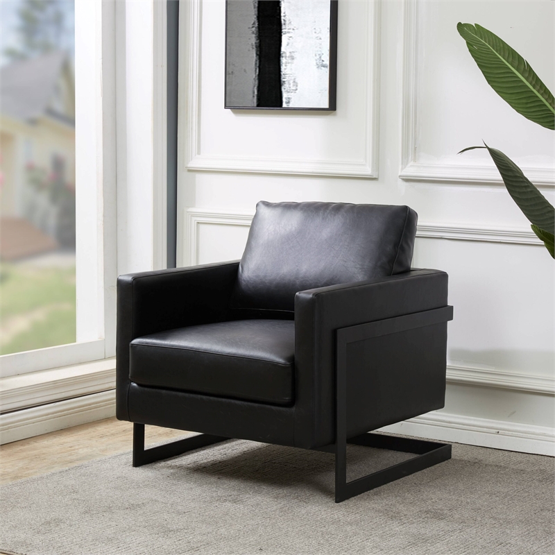 LeisureMod Lincoln Modern Leather Arm Chair with Black Steel Frame Black