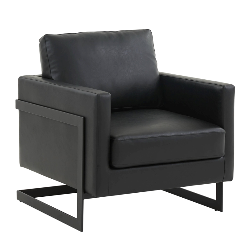 LeisureMod Lincoln Modern Leather Arm Chair with Black Steel Frame Black