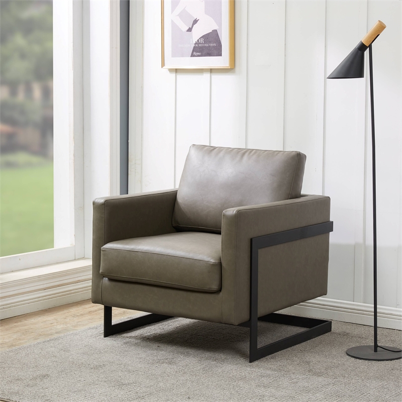 LeisureMod Lincoln Modern Leather Arm Chair with Black Steel Frame Gray